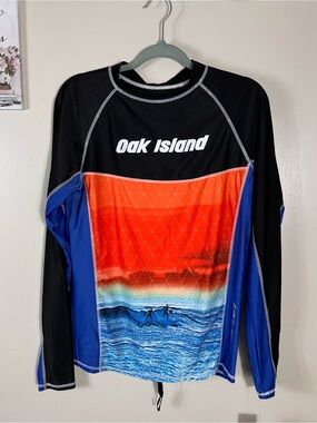 Oak Island Men's Long-Sleeve Swim Rash Guard - Black/Orange/Blue